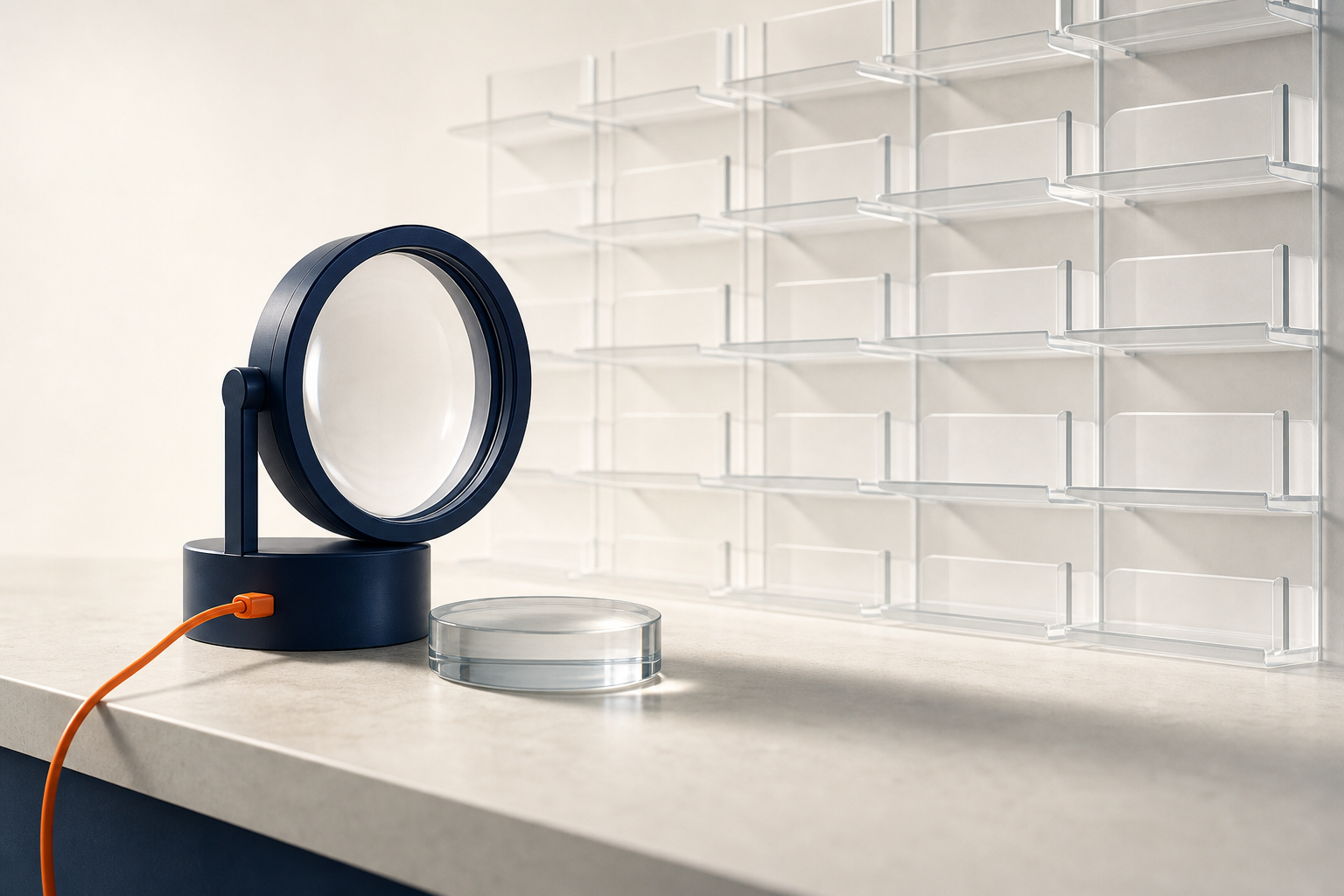 A precision lens sits on a workbench before a wall of empty glass mail slots, connected by one orange cable.