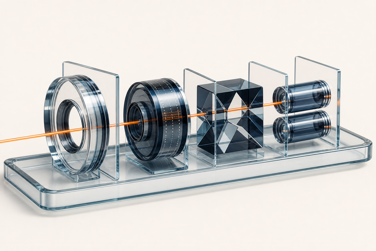 Four interlocking glass mechanisms sit on a tray with one orange filament passing through them.