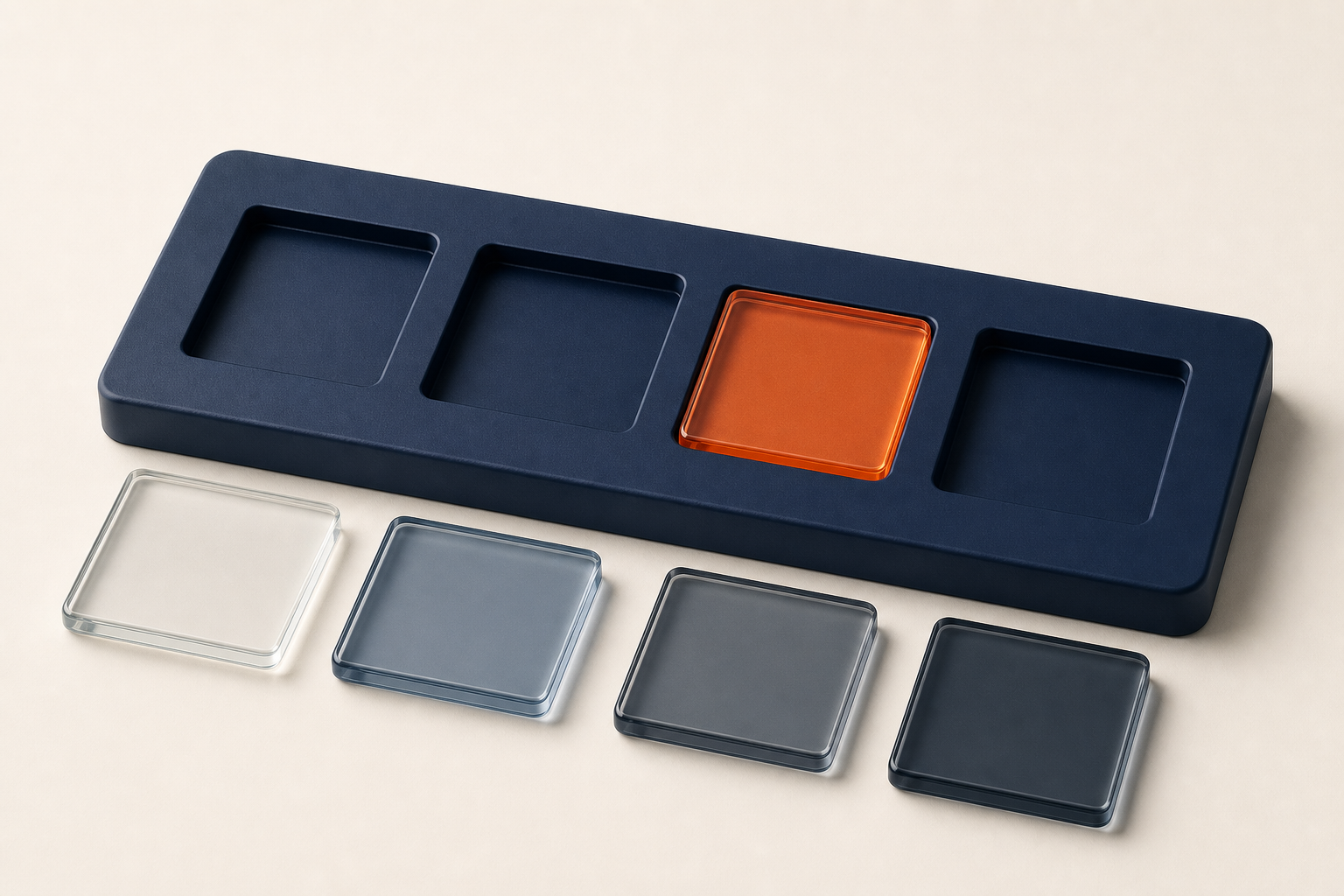 A navy sorting tray with four glass tiles and one orange tile fitted into its matching recess