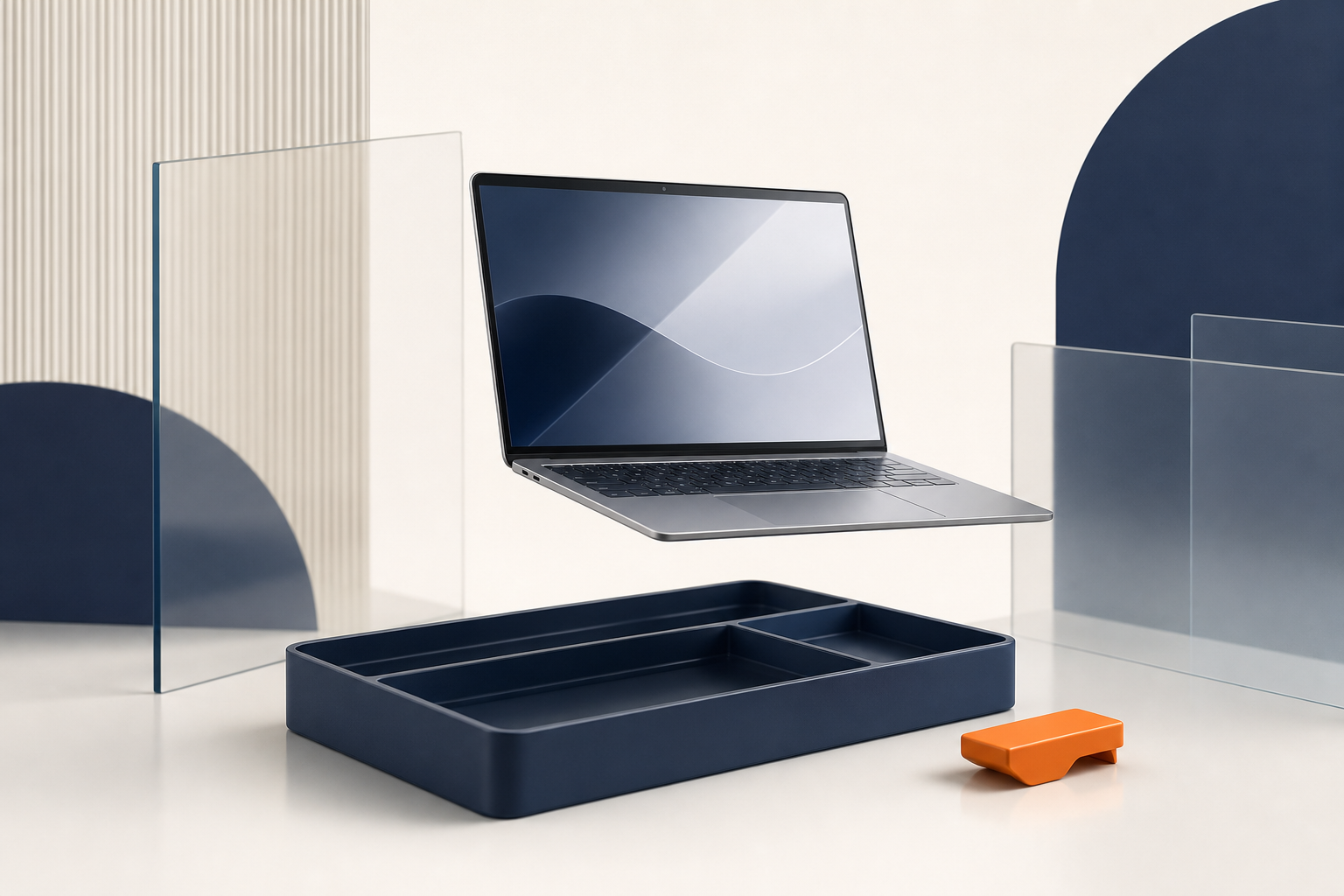 A slim laptop floats above an empty tool tray with one orange latch beside it.