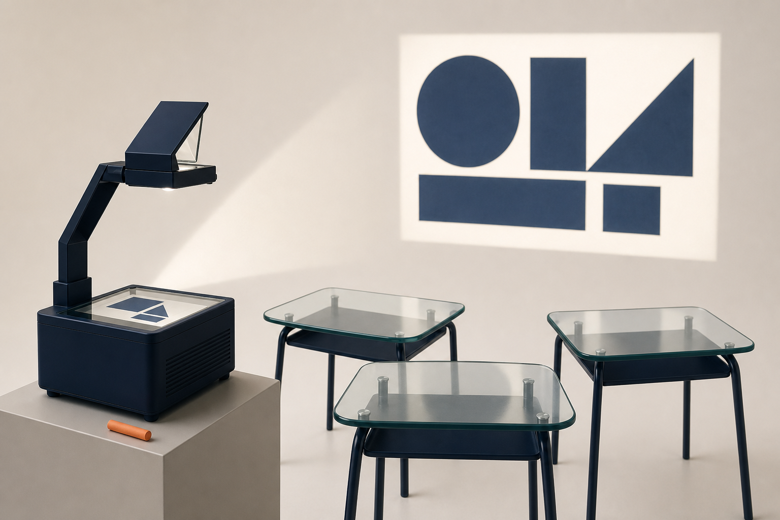An overhead projector casts a geometric image onto three glass-topped classroom desks.