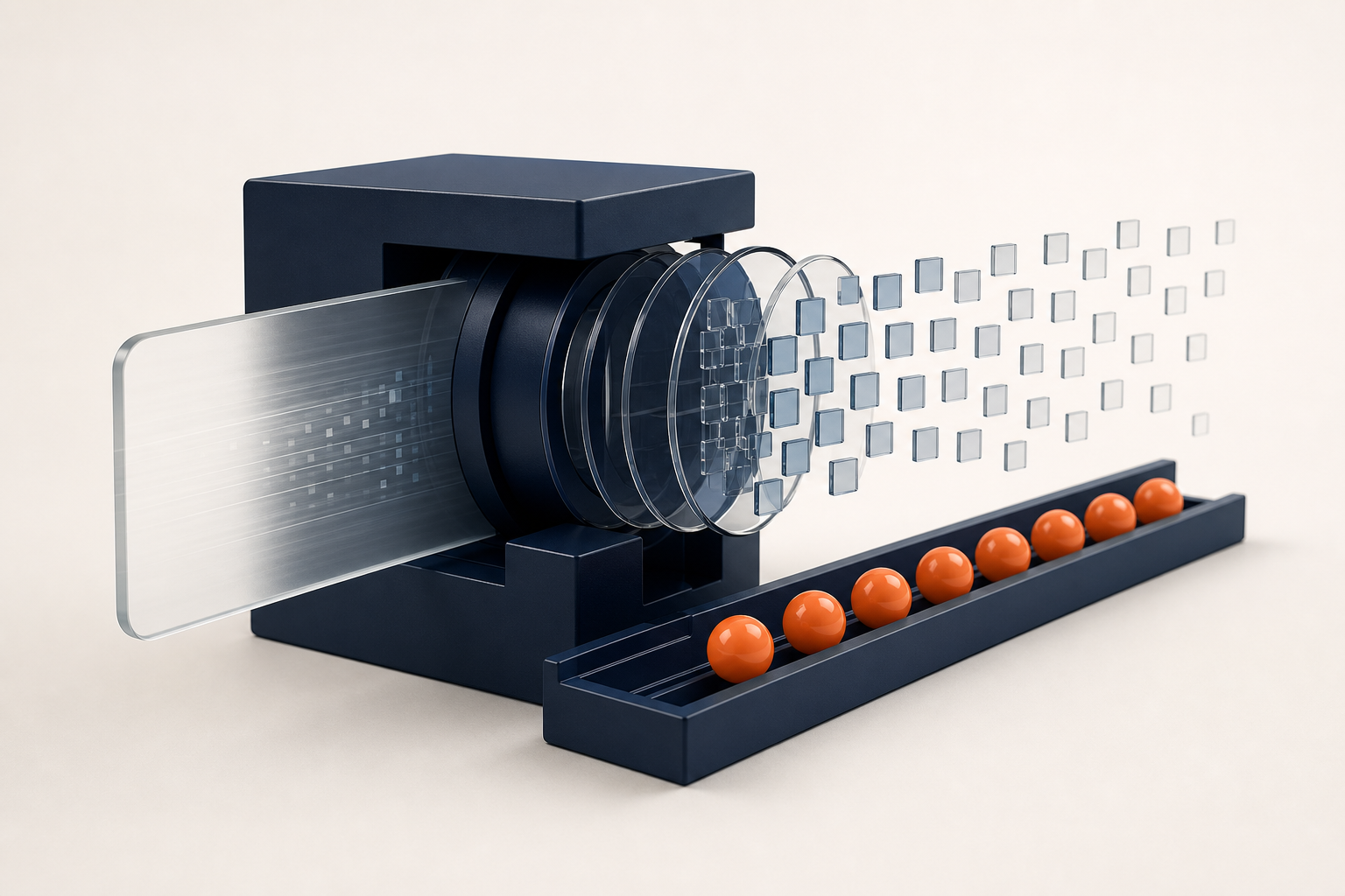 A glass slide passes through a navy optical mechanism beside a separate groove of orange beads