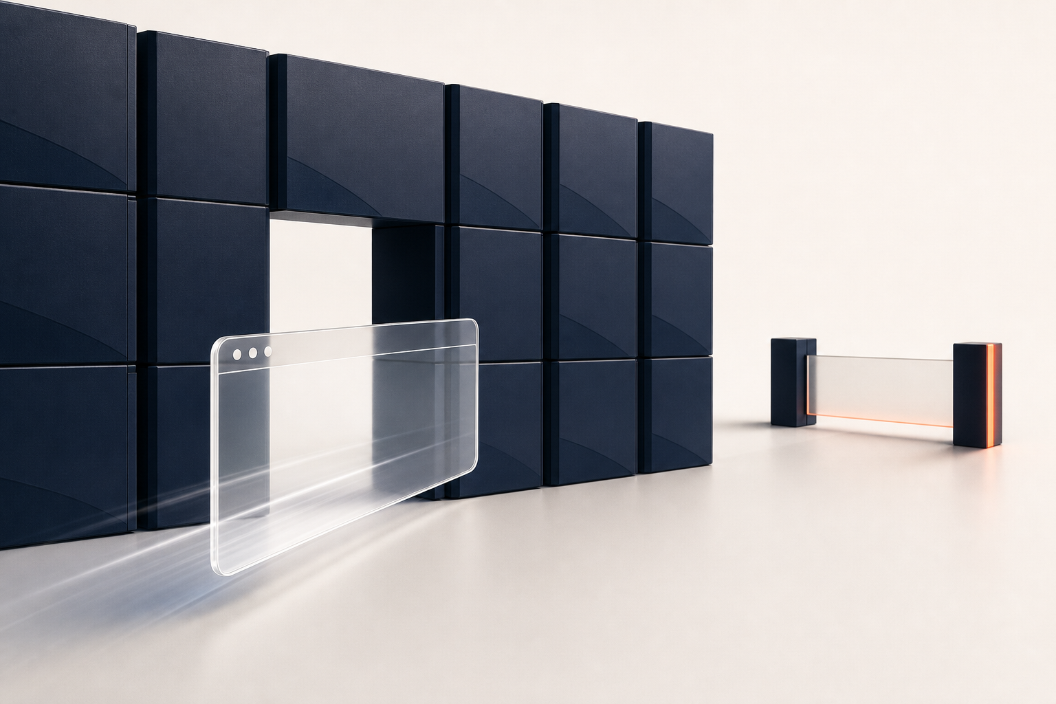 A translucent browser pane passes through a gap in a wall of closed software cases toward a separate low gate.