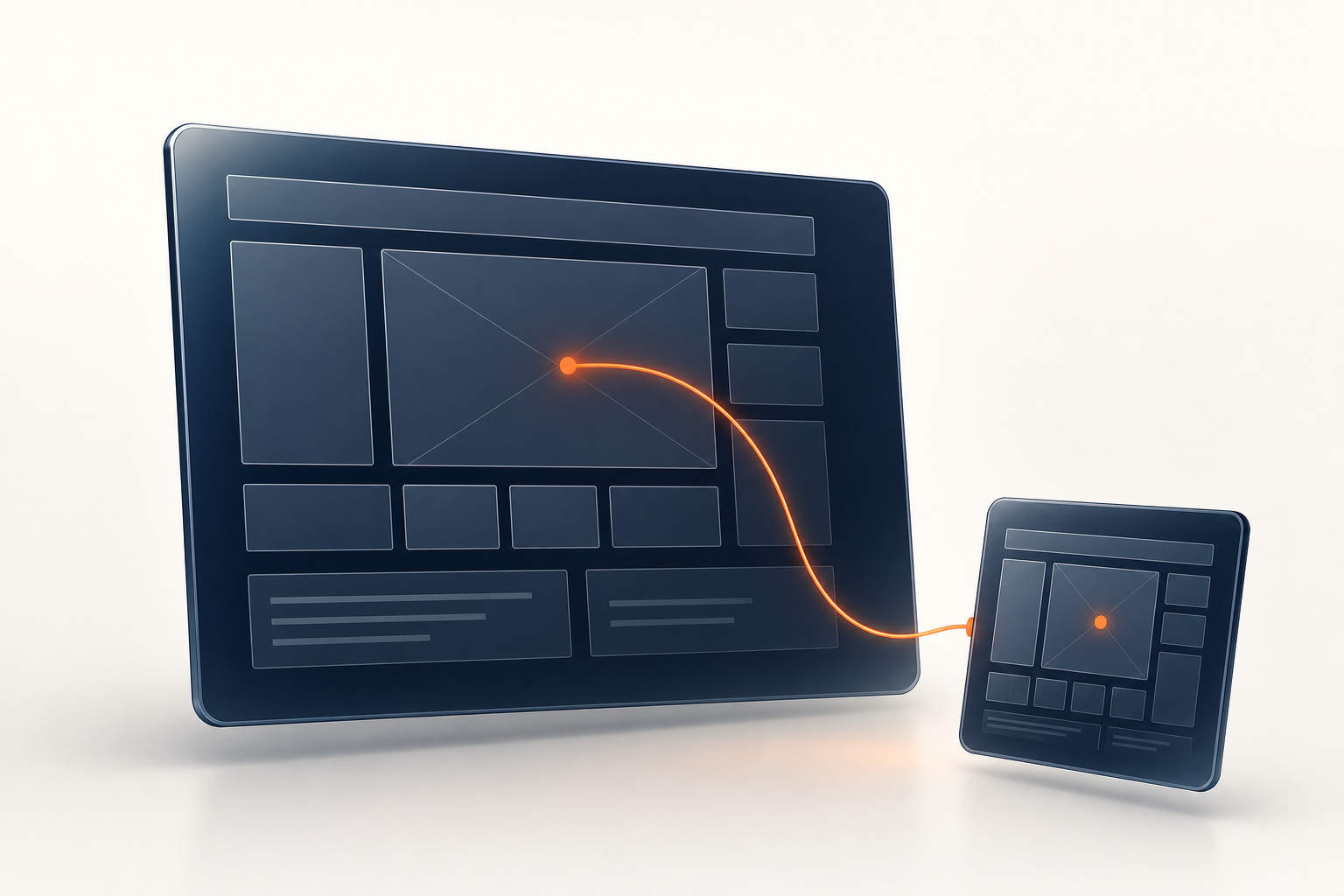 A navy pane of pale wireframe blocks with an orange presenter dot, linked by a thread to a smaller viewing pane
