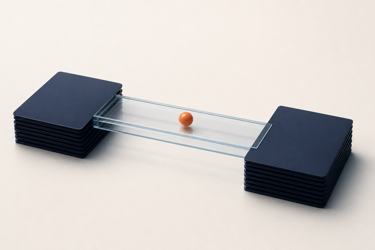 A glass inspection bridge spans two stacks of blank navy ledger cards with one orange bead at its center.