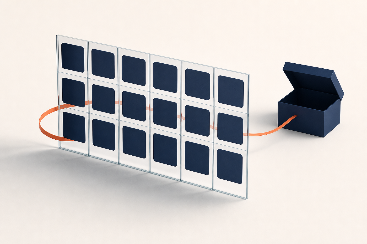 An open gift box sits behind a wall of blank navy cards while an orange ribbon bypasses the wall.