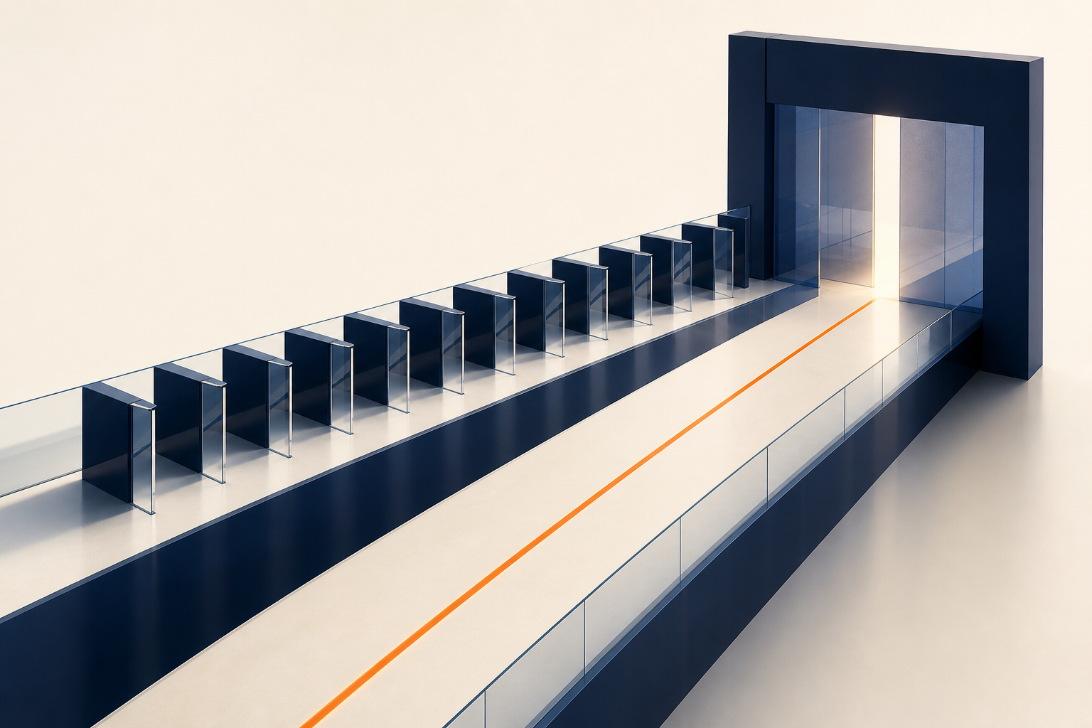 Two lanes toward a glowing doorway — one blocked by rows of navy turnstile slabs, one empty with a single orange thread running straight through