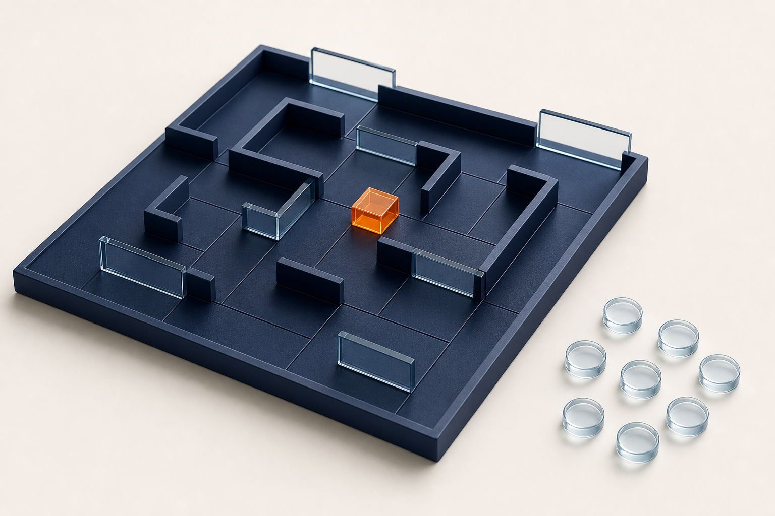 A navy tabletop maze has one orange checkpoint and glass spectator tokens gathered at its edge.