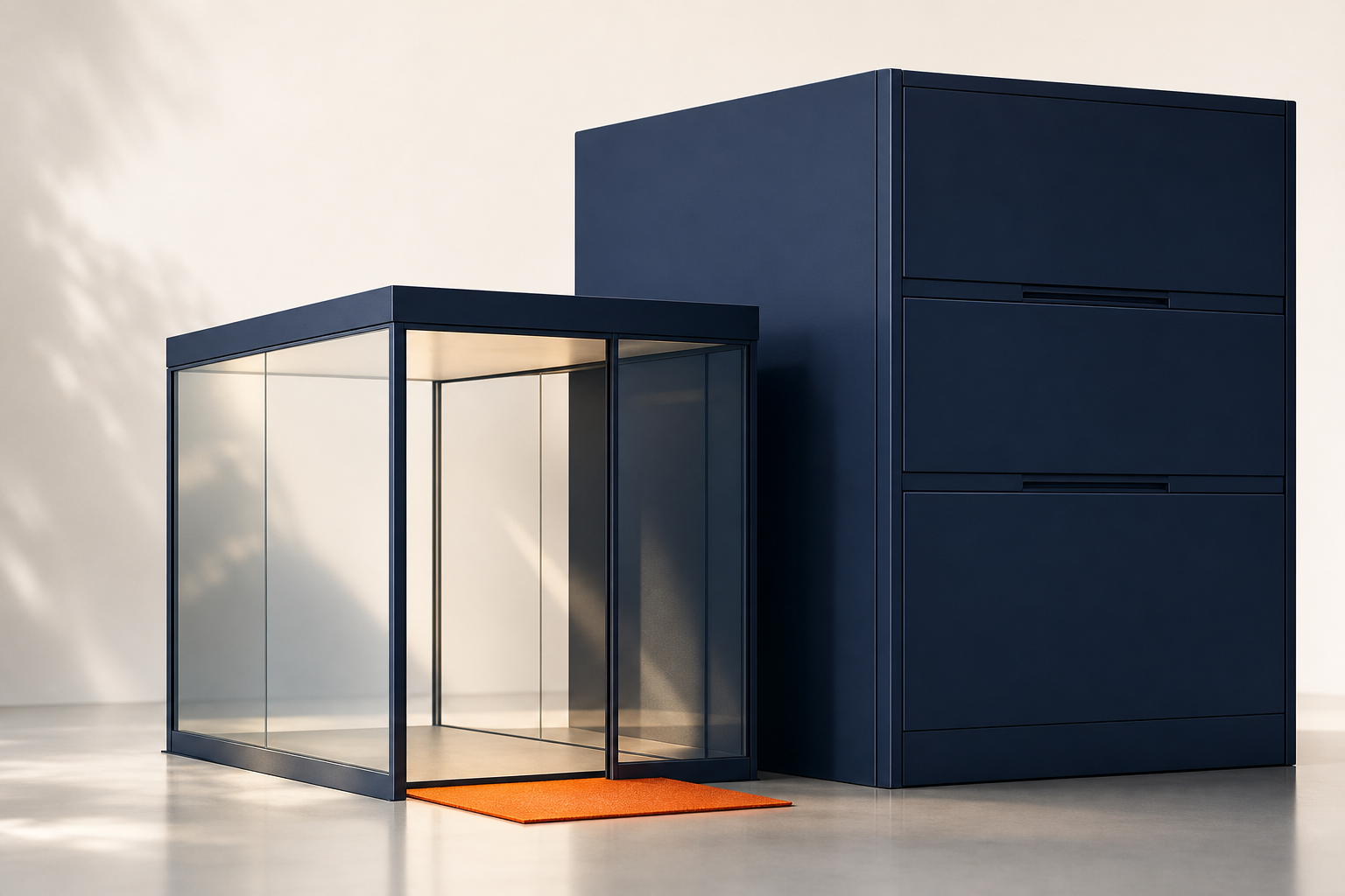 A small glass room with an orange welcome mat sits beside a large closed navy filing cabinet.