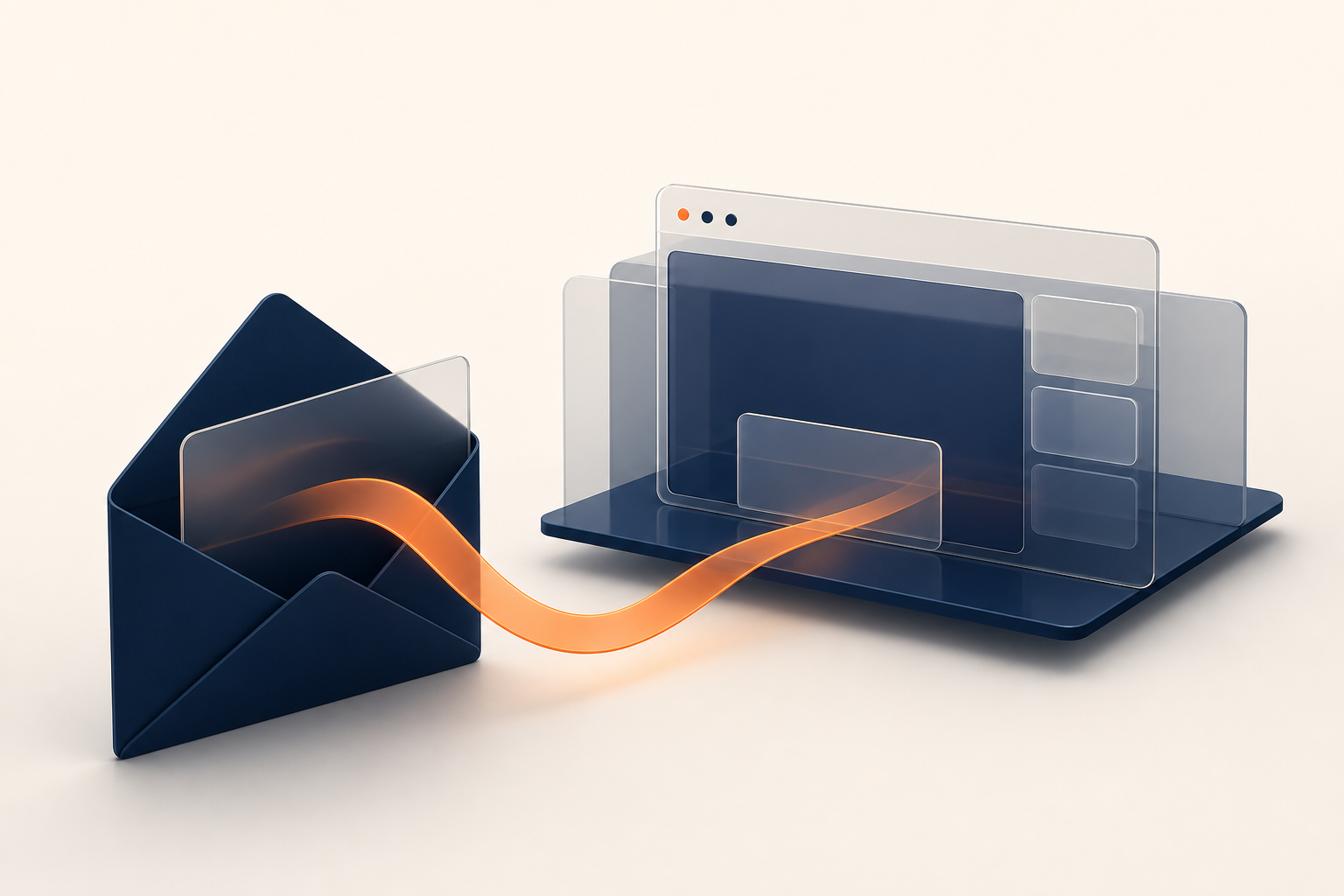 A translucent demonstration stage unfolds from a navy envelope along an orange ribbon.