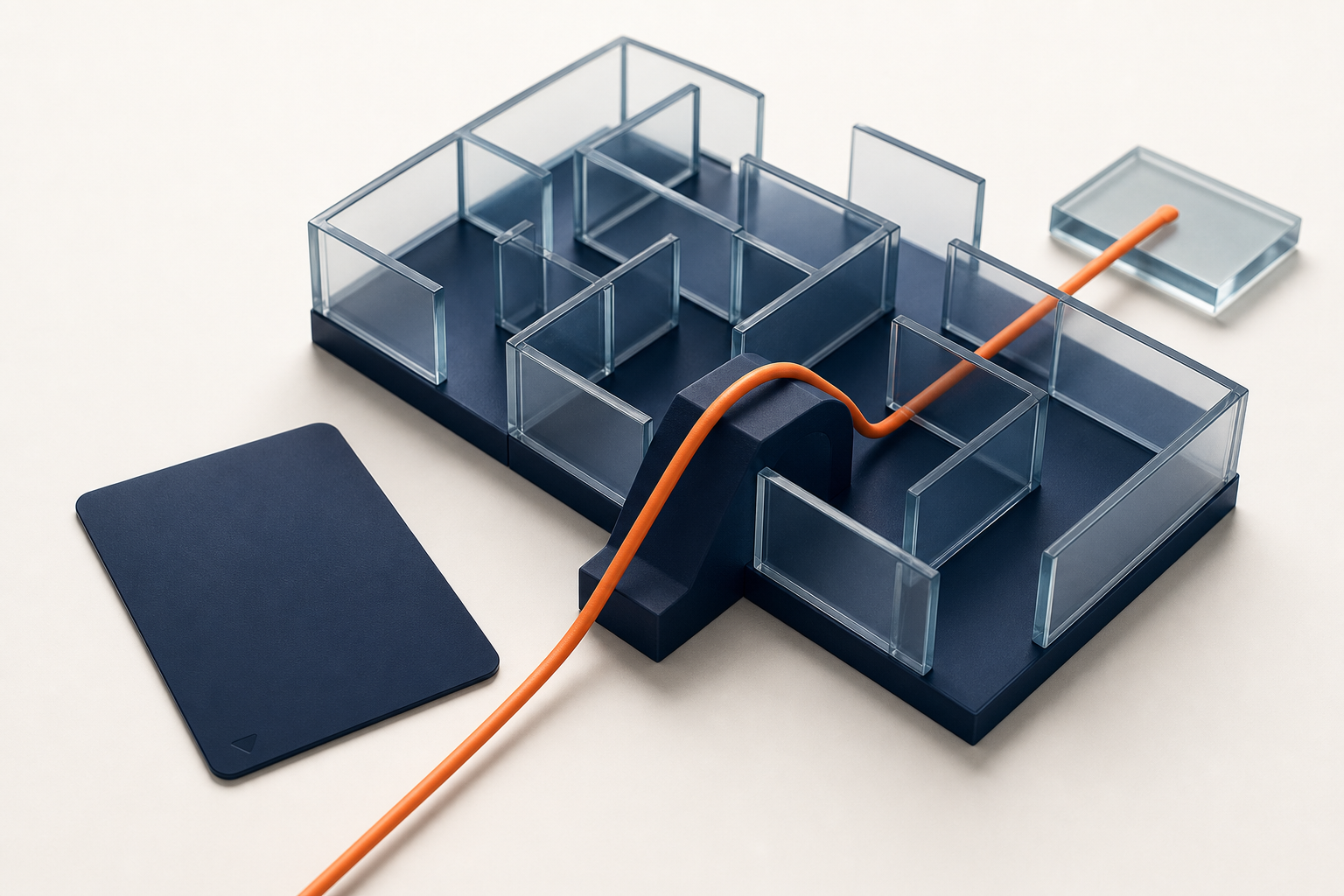A navy hotel keycard sits beside a glass maze crossed by one raised orange cable.