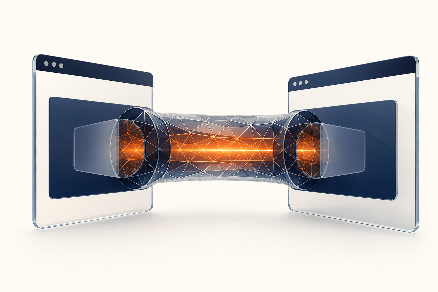 Two browser windows joined by a sealed faceted glass tunnel glowing orange inside