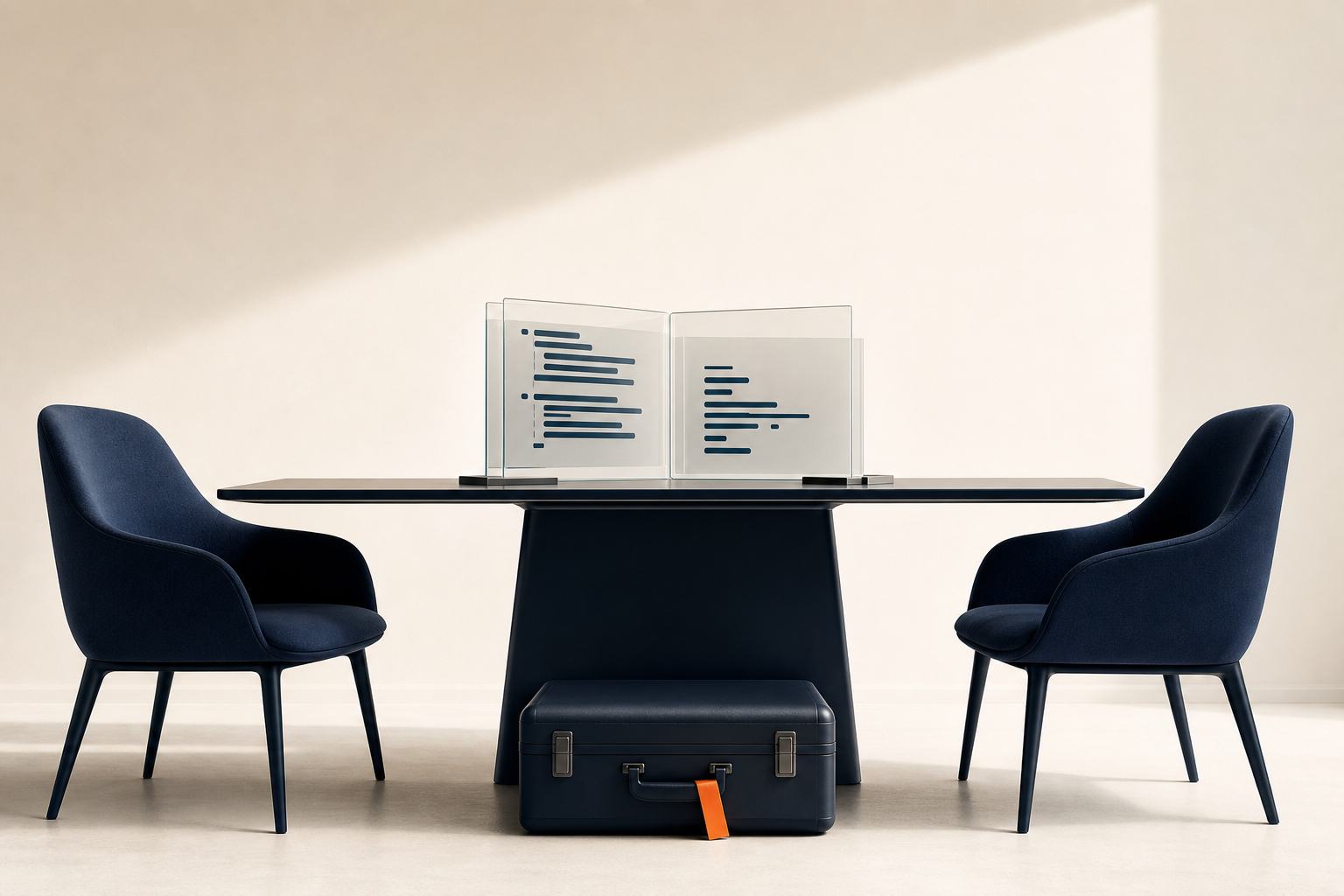 Two empty chairs face a glass portfolio on an interview table above an untouched software case.