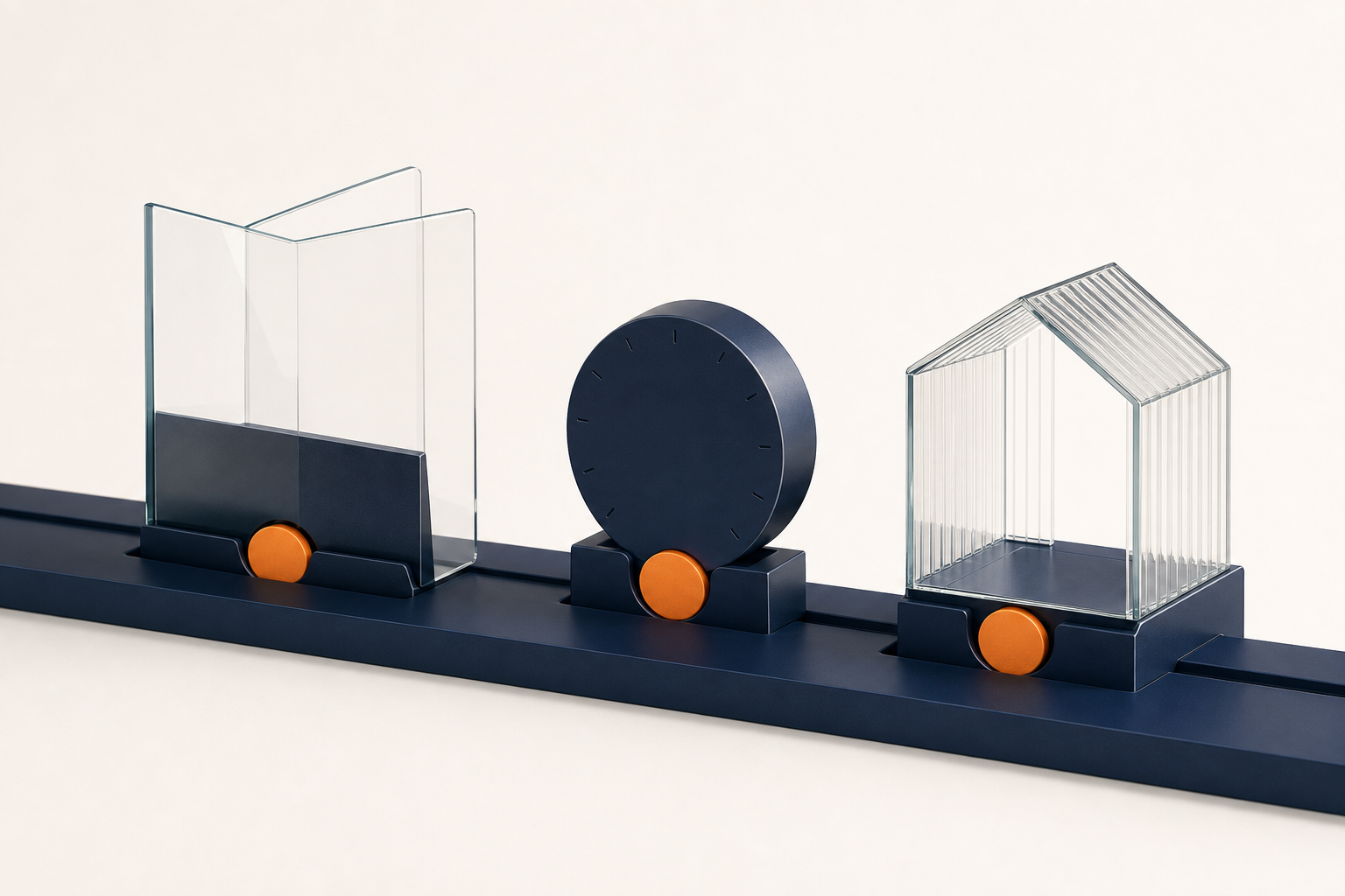 A glass folio, an unmarked appointment dial, and a pavilion share one navy rail and an orange token.