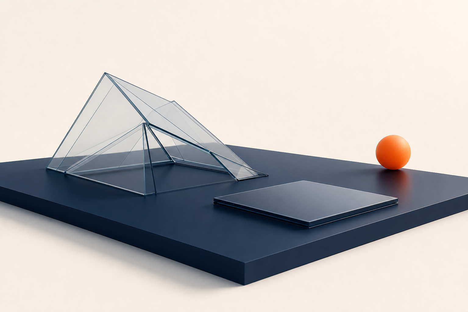 A glass pavilion collapses into a flat tile as an orange sphere rests beyond the empty platform