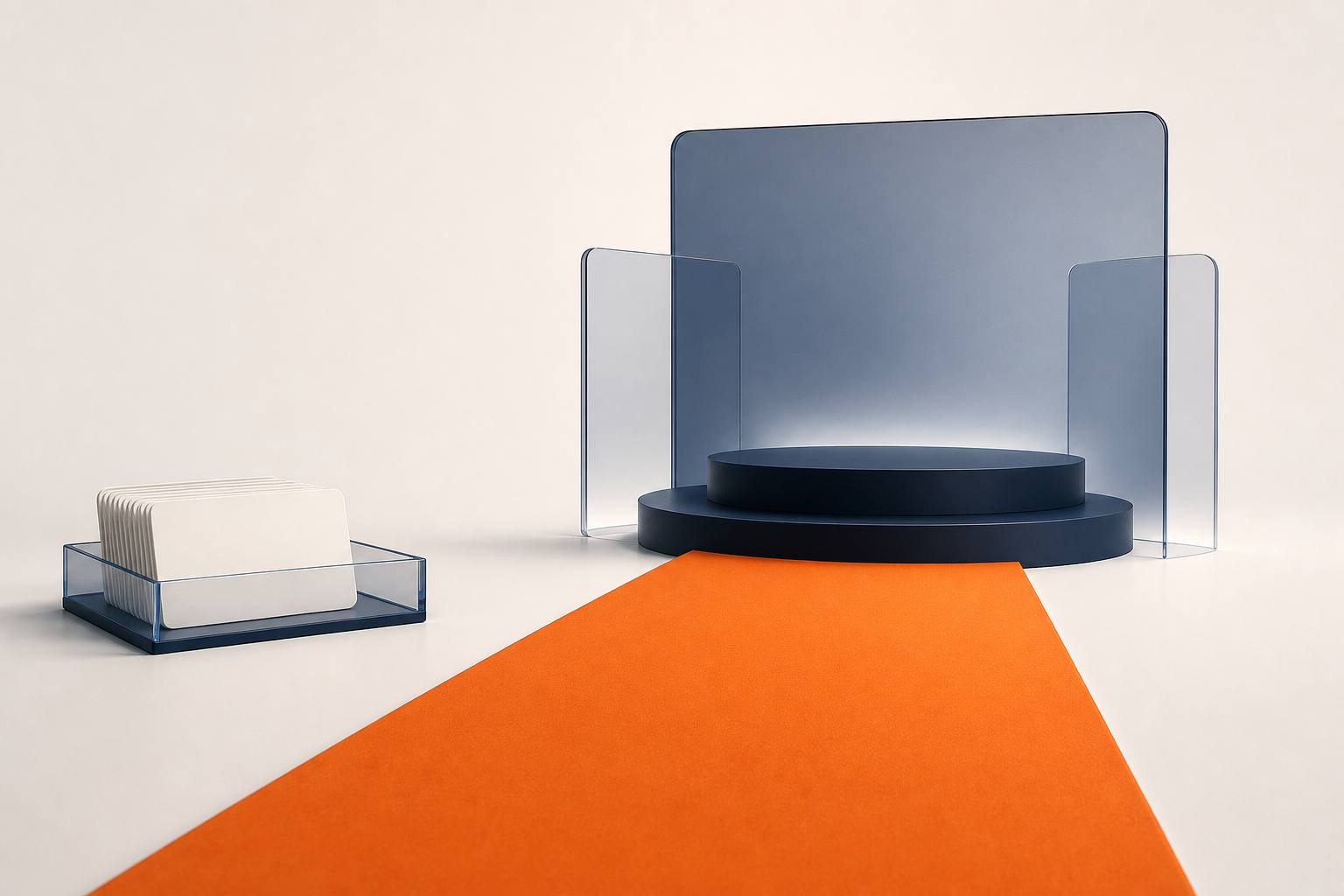 A navy presentation pedestal stands beyond an orange carpet while blank registration cards sit unused to one side.