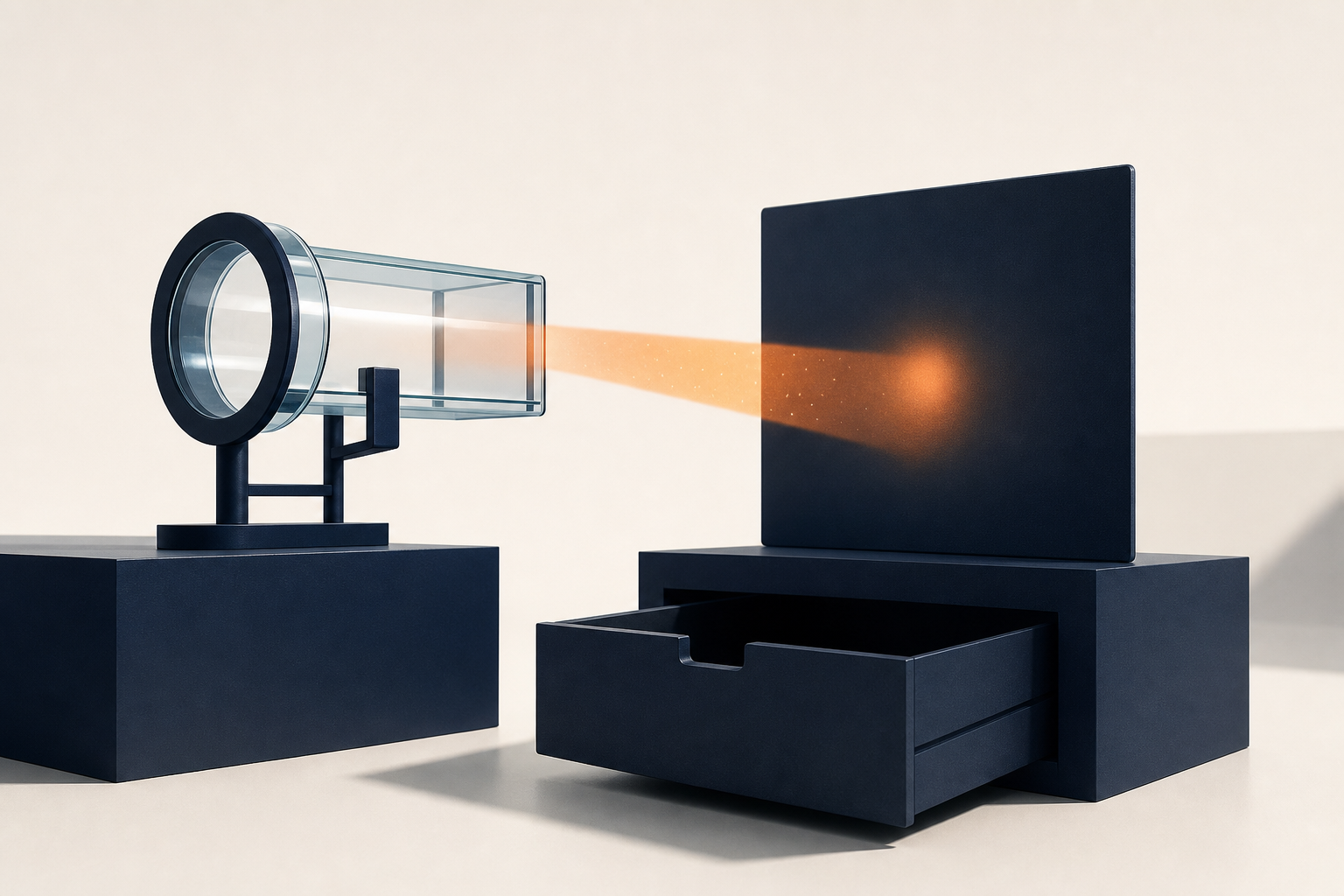 A glass viewing scope sends orange light to a navy plate above an empty archival drawer.