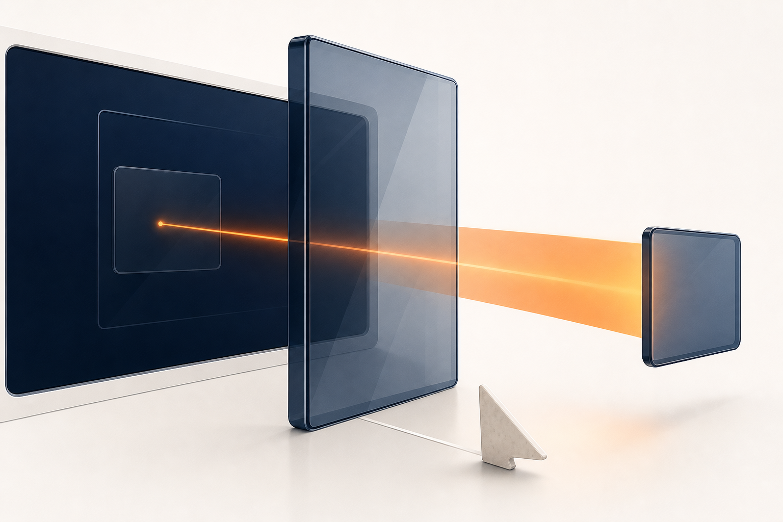 A navy one-way glass pane letting an orange beam out while a pale cursor-like shard is stopped outside it