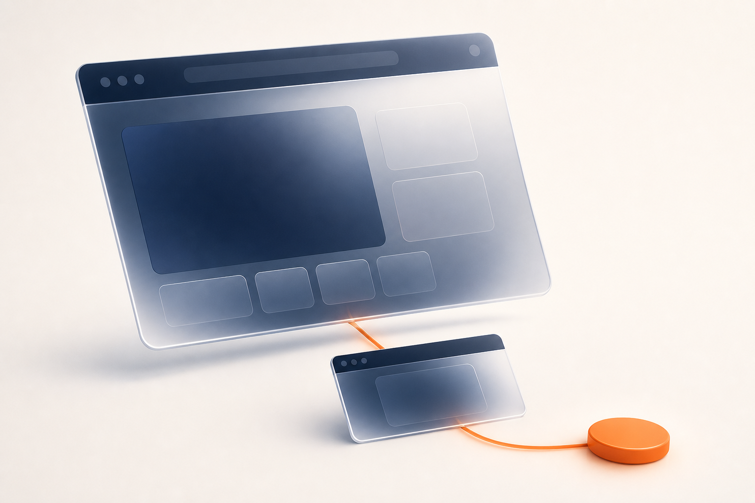 A large browser window tilting toward a small one with a short orange path to a single round button