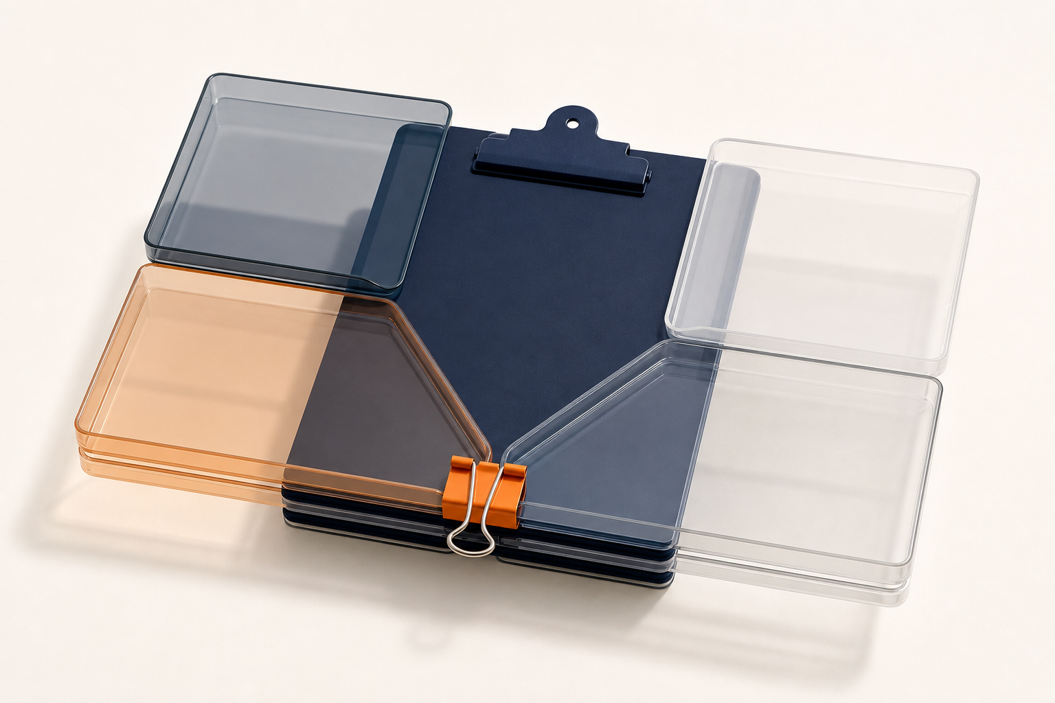 Four translucent tool trays surround a navy clipboard, gathered into an orderly stack by one orange binder clip.