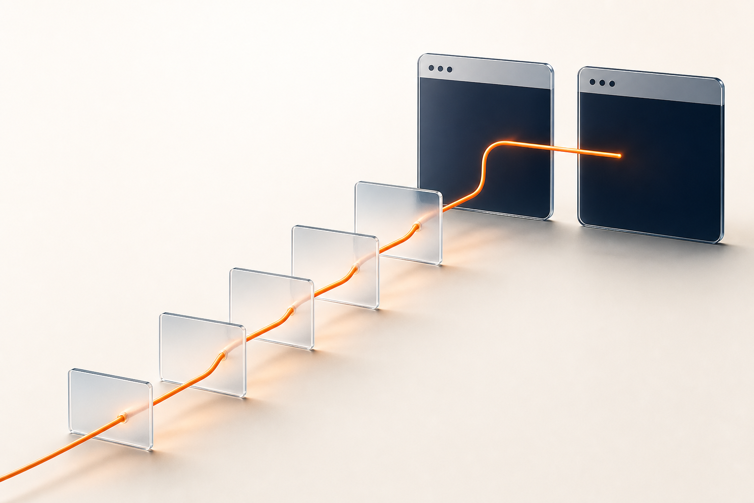 Five stair-stepped panes joined by one orange thread that ends bridging two browser windows