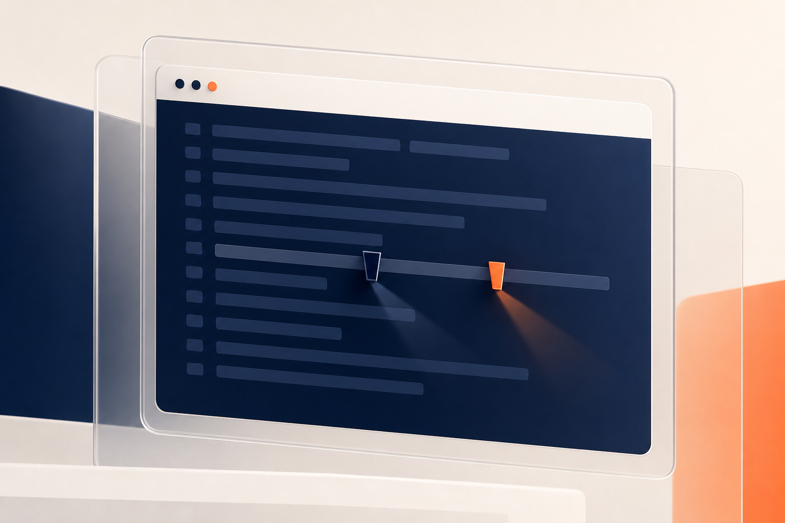 A shared browser window of code bars with a navy caret and an orange caret on the same line