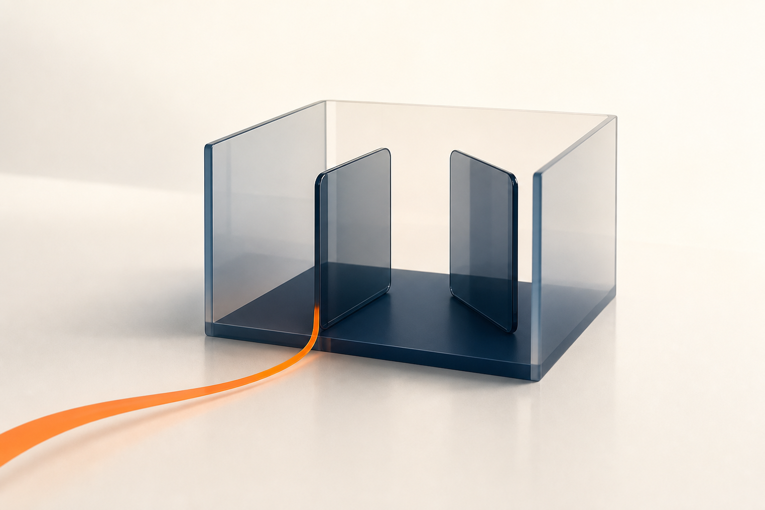 Two panes sheltered inside a three-walled translucent alcove, an orange thread entering through a gap