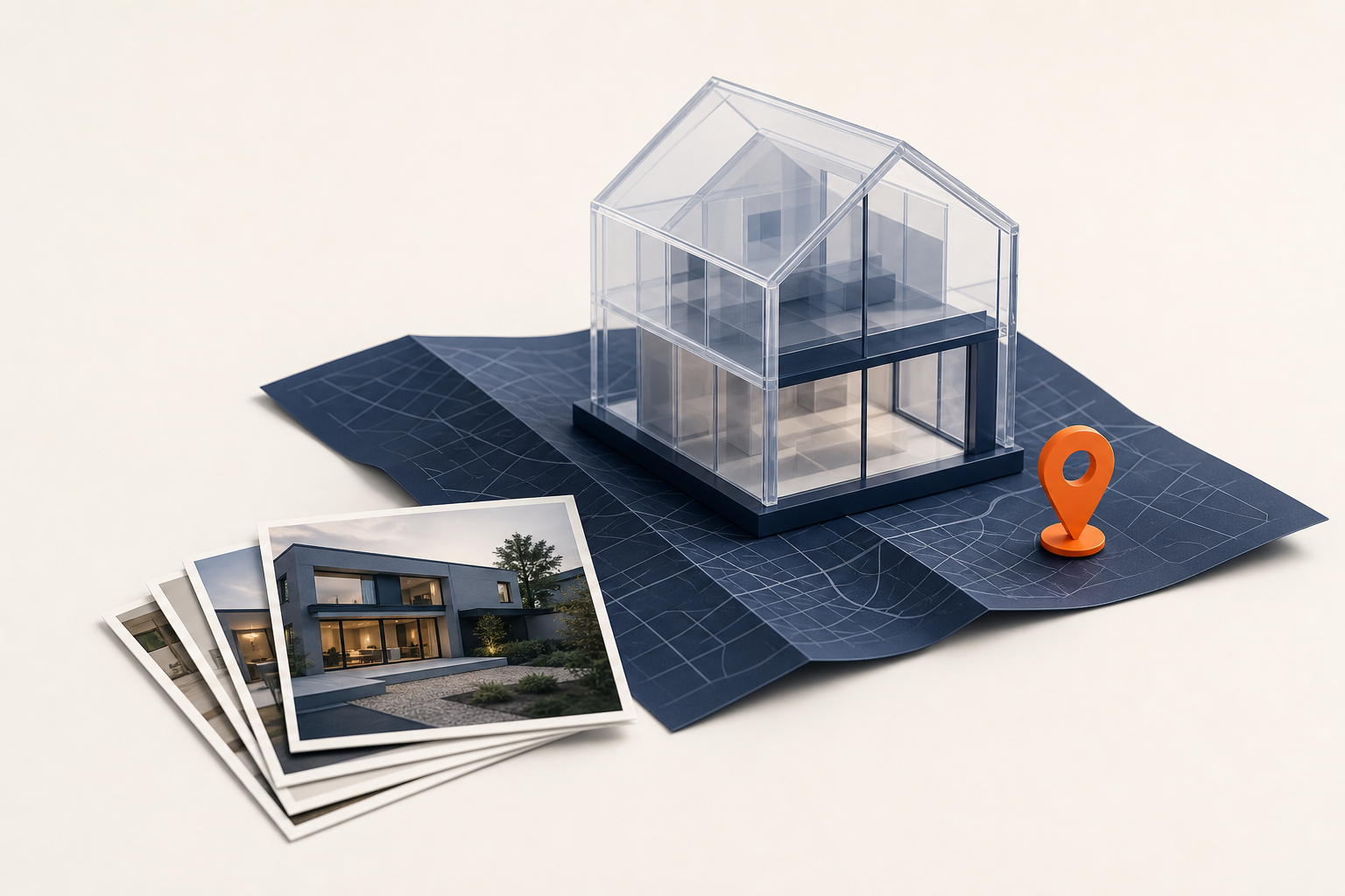 A translucent house model rests on a folded navy map beside property-photo tiles and one orange route pin.