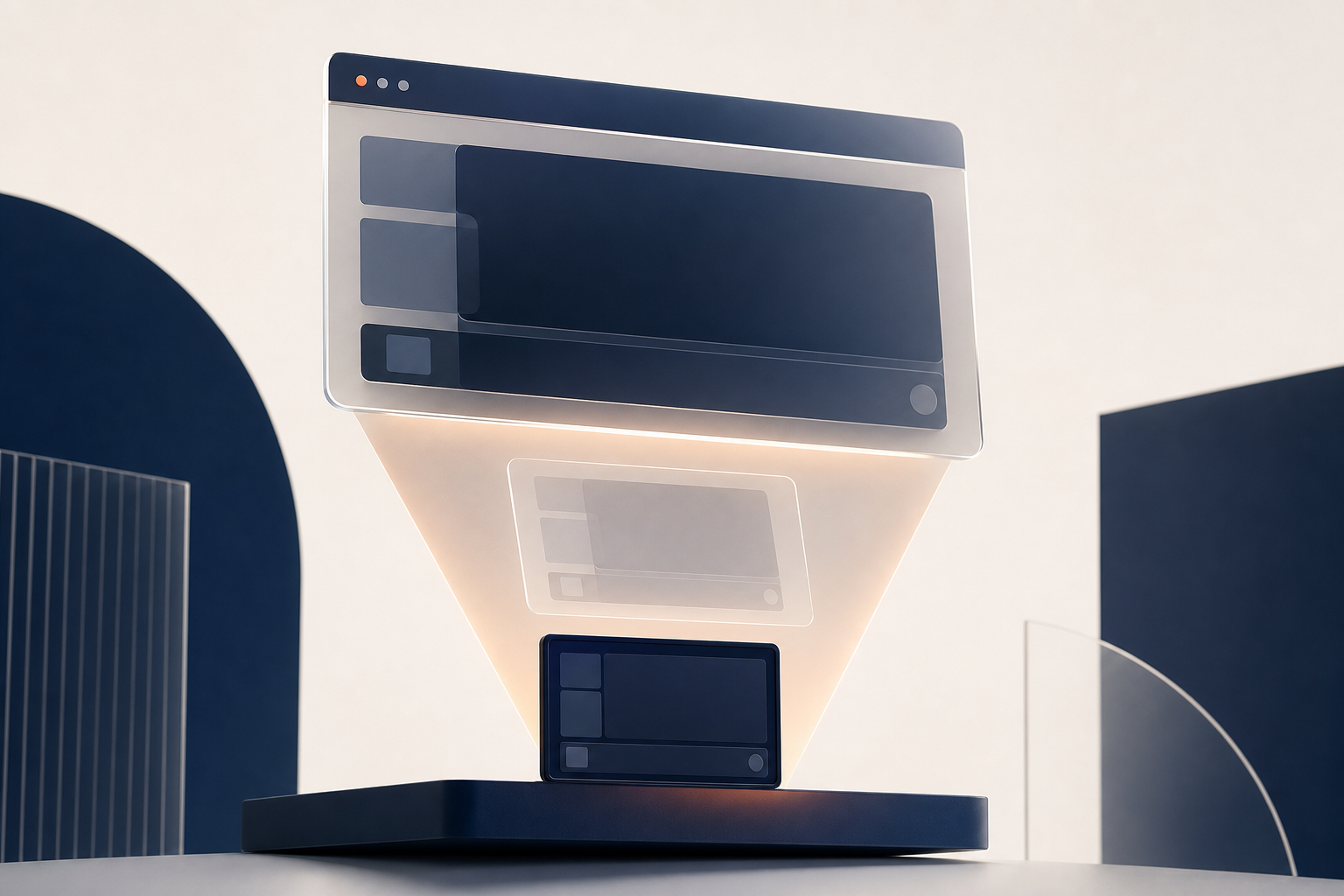 An elevated browser window shining a light cone containing a mirrored copy of a smaller desktop window