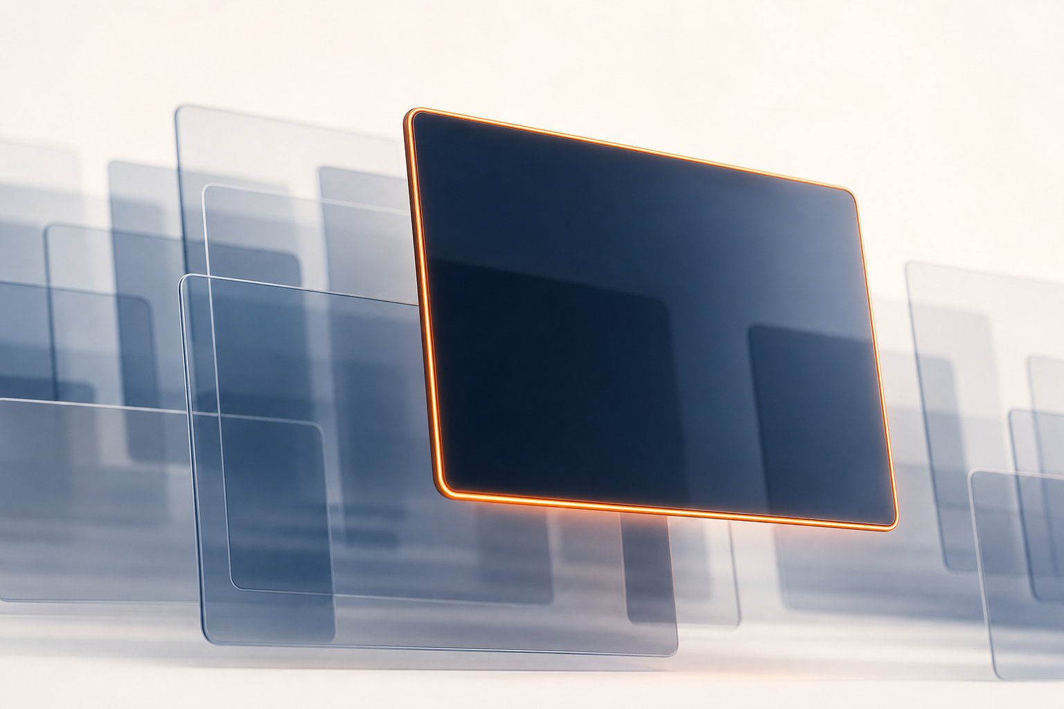 One navy glass pane edged in orange lifted forward out of a blurred stack of paler panes behind it