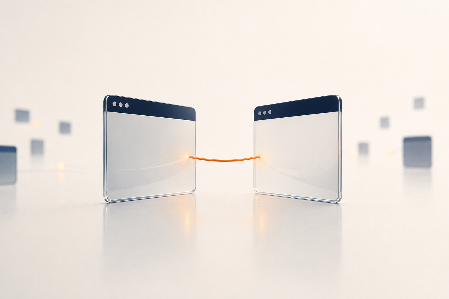 Two close browser panes joined by a short orange thread, isolated by wide empty space