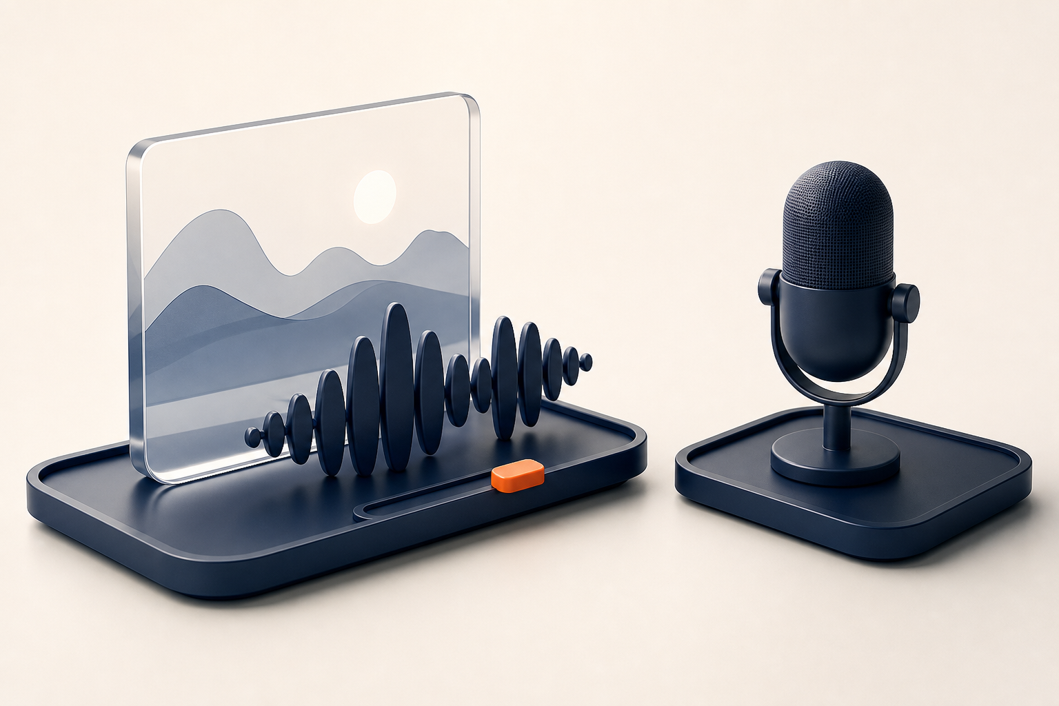 A glass picture pane and a sculptural sound wave share a tray with an orange slider, beside a separate microphone on another tray.