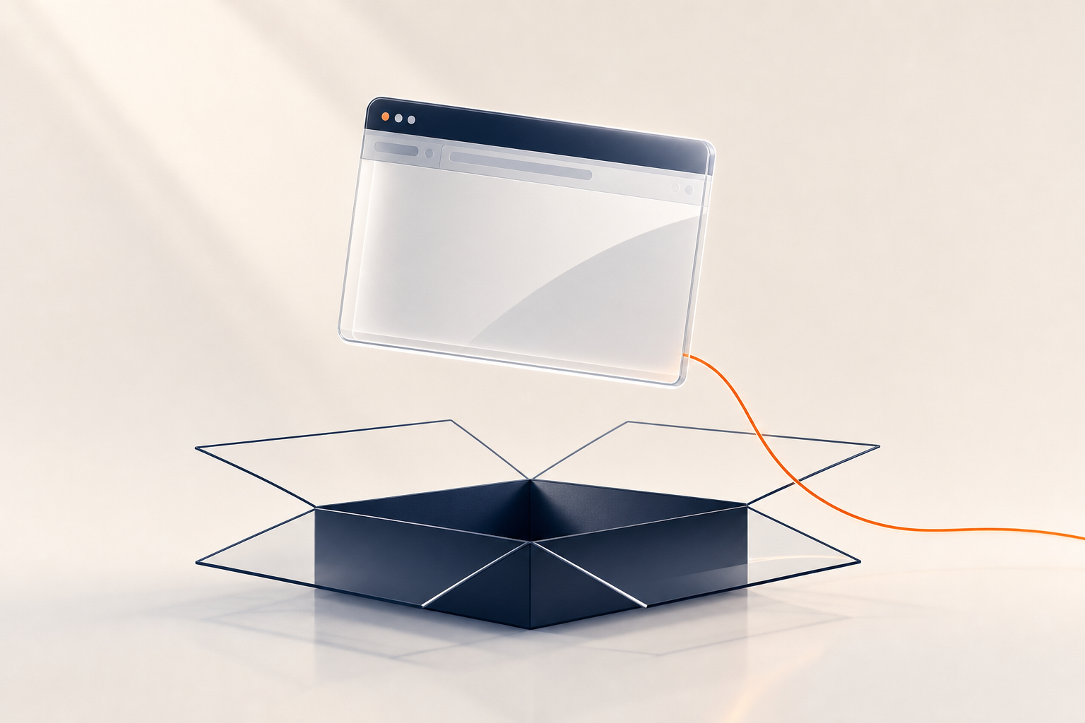 A browser window floating free above an empty opened box outline, trailing one orange thread