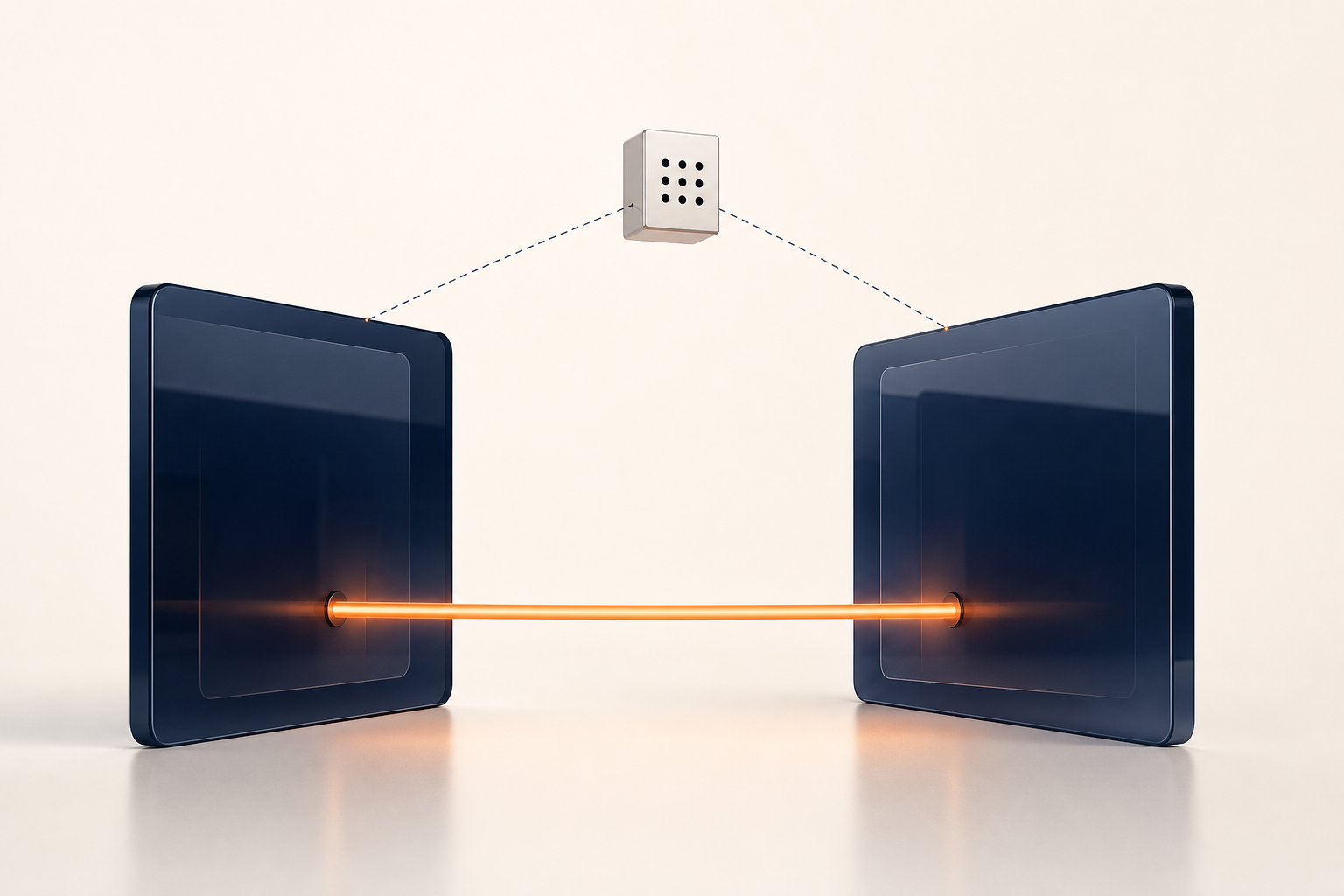 Two navy glass panels joined by a thick orange beam, while a small cube above touches each panel with only a thin dashed thread