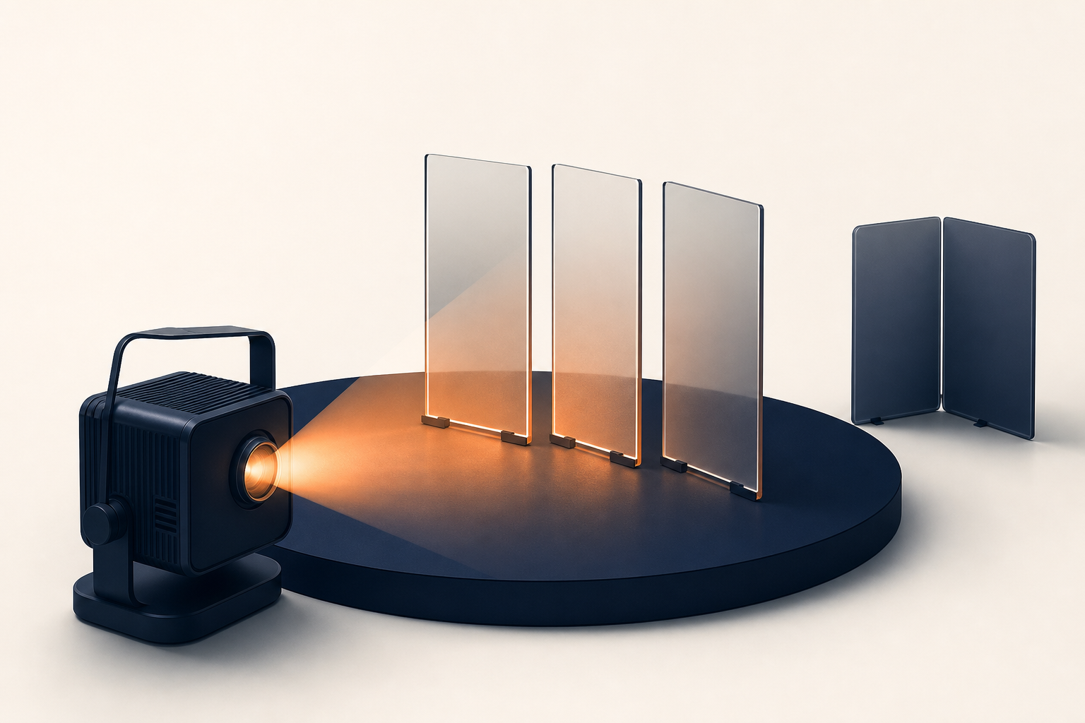A navy projection lantern lights three glass panels while two folded panels sit beyond the stage.