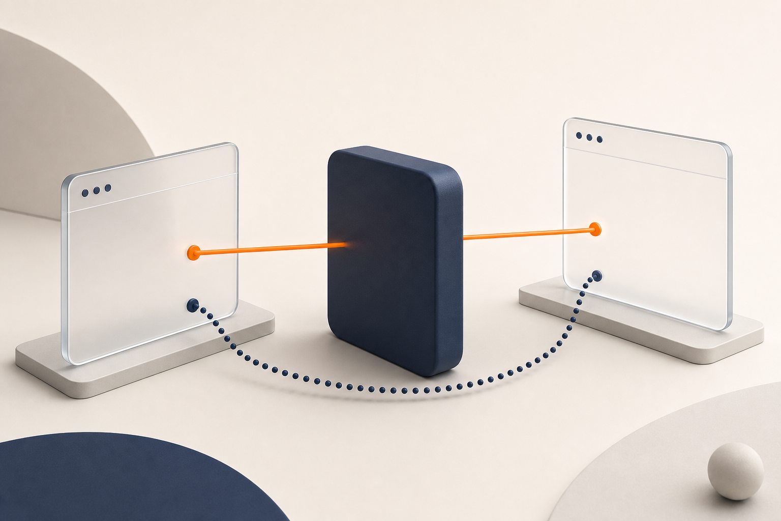 A straight orange line and a dotted navy detour around an obstacle connecting the same two panes