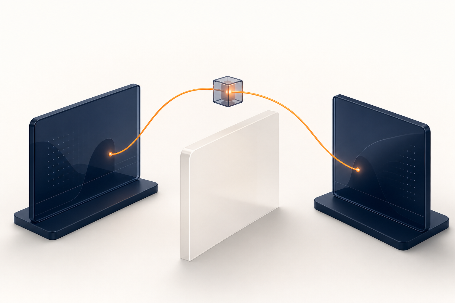Two navy panels separated by a pale wall, with one orange thread arcing over it through a small waypoint cube