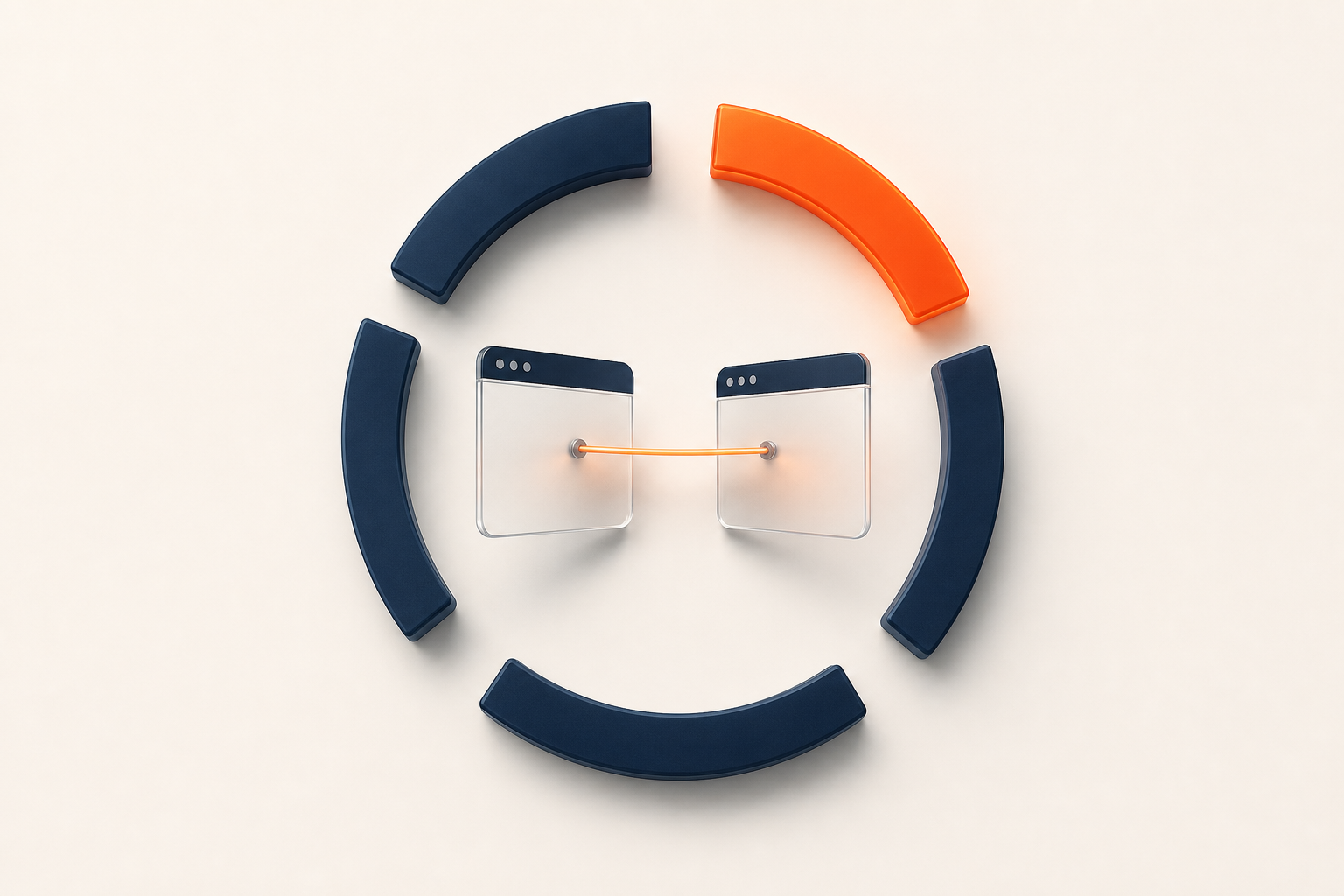 A five-segment stopwatch ring with one orange segment around two tiny connected browser panes