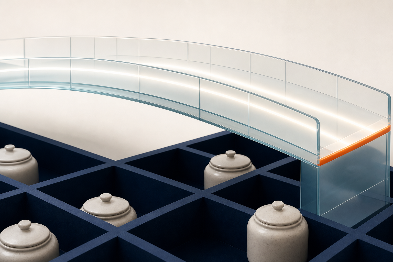 A glass bridge carries light over cookie jars isolated behind a navy lattice.