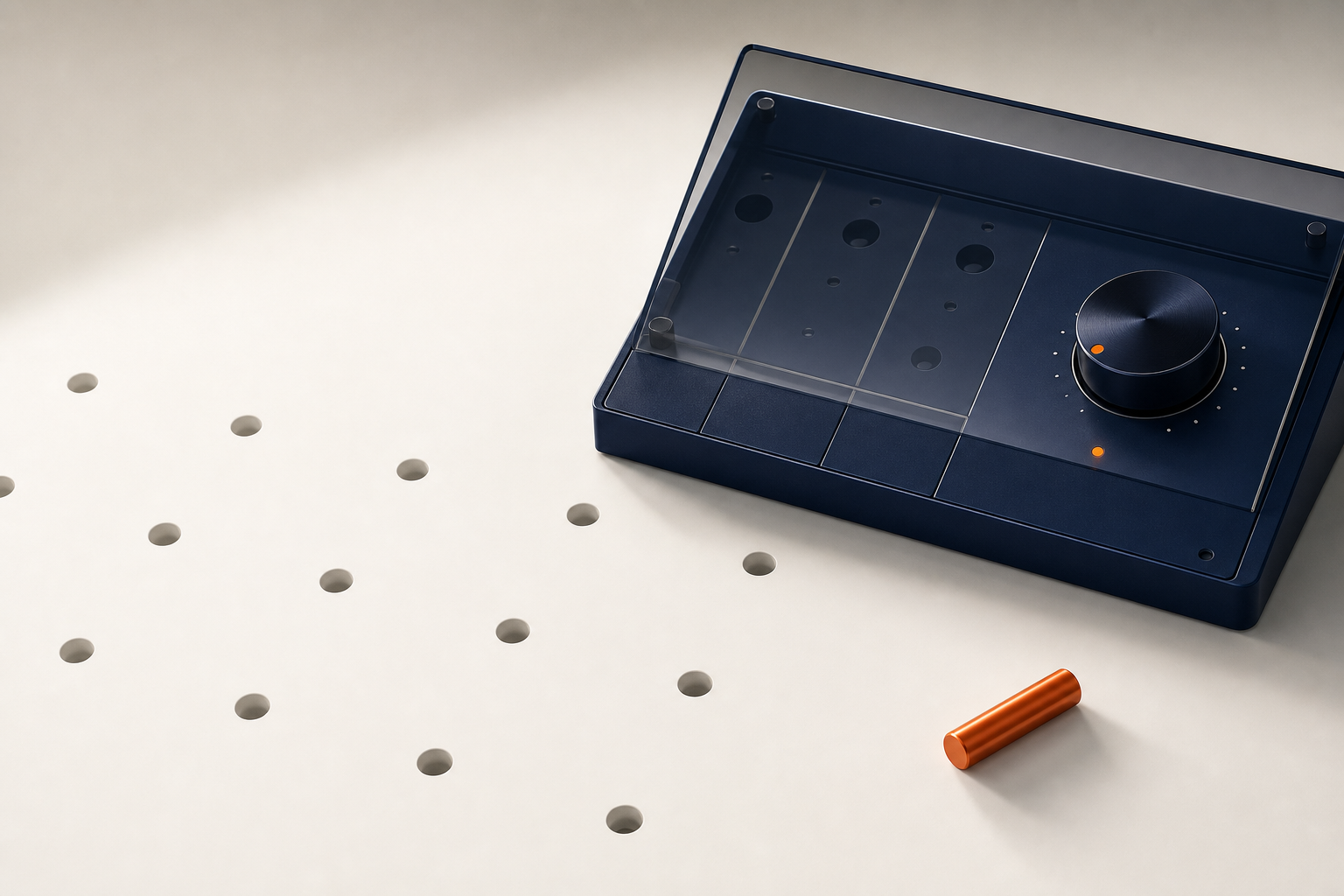 A compact navy console keeps one dial while removed sockets leave most of the workbench open