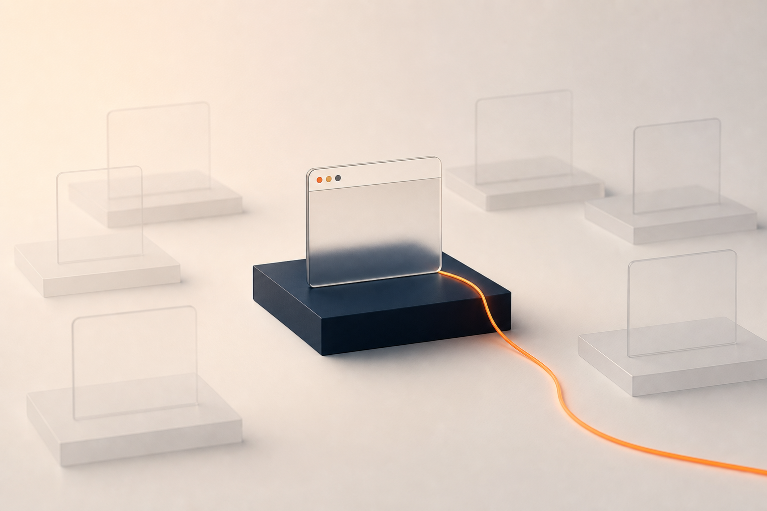 A single browser pane among faint empty pedestals, an orange thread touching only the pane