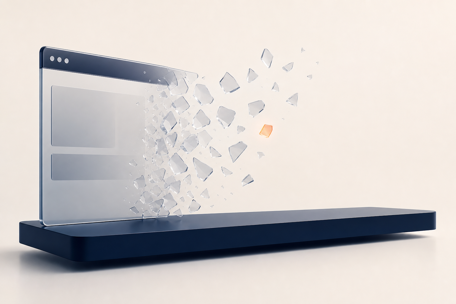A browser pane dissolving into drifting shards above an empty navy shelf