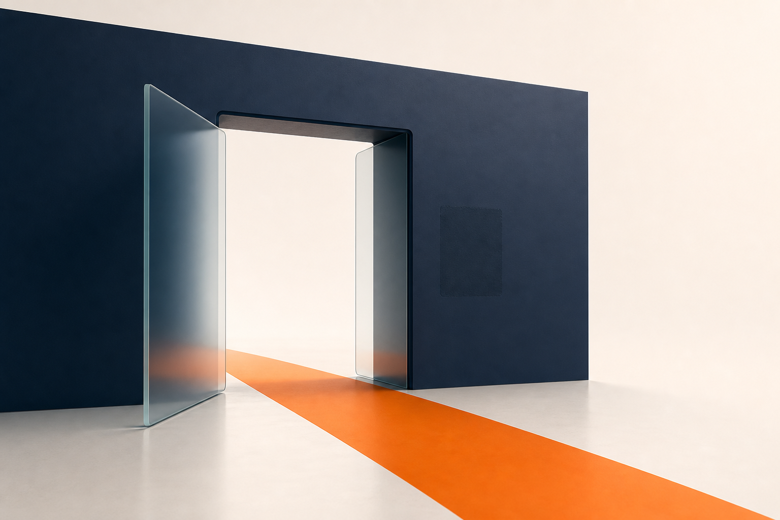 An open doorway in a navy wall with no keypad, an orange path running straight through
