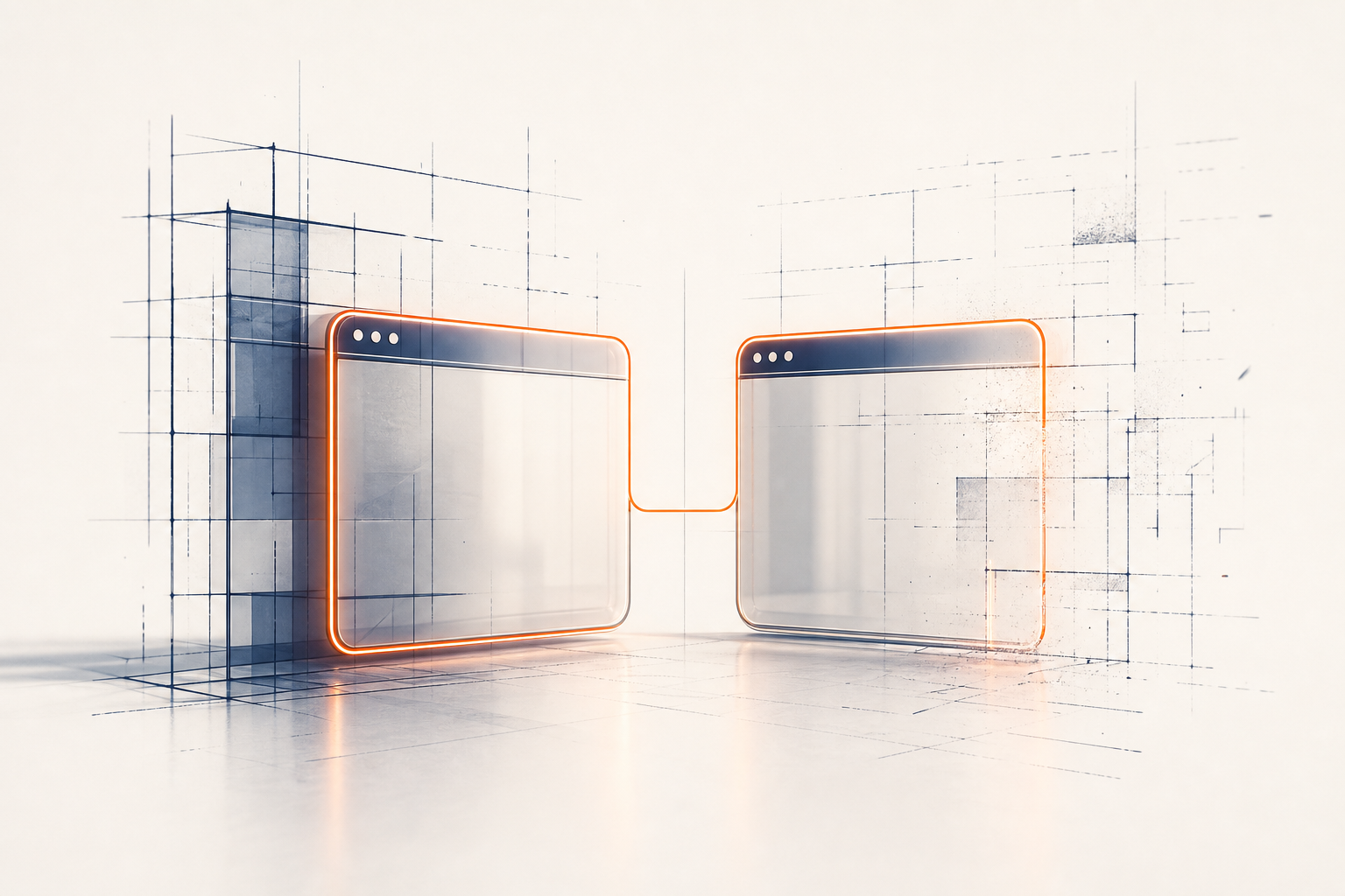 An orange line sketch of two connected browser panes amid fading half-erased scaffolding
